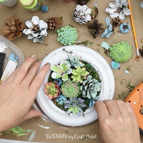 Transforming a variety of pine cones into a beautiful pinecone succulent wall hanging with just a bit of paint and plenty of creativity. Follow the step by step instructions or video tutorial to make your own. #sustainmycrafthabit Pine Cone Succulents Diy, Pine Cone Craft, Upcycled Picture Frames, Succulent Wall Hanging, Pine Cone Flower Wreath, Small Pine Cones, Pinecone Crafts, Rustic Decorating, Cone Flowers