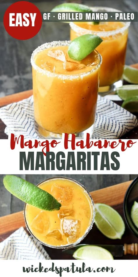 Grilled Mango Habanero Margaritas Recipe - Wicked Spatula Mango Habanero Whiskey Cocktail, Mango Habanero Margarita, Spicy Alcoholic Drinks, Mango Habanero Whiskey Drinks, Mango Habanero Recipes, Munchie Ideas, Habanero Margarita, Mango Jalapeno Margarita, Grilled Mango