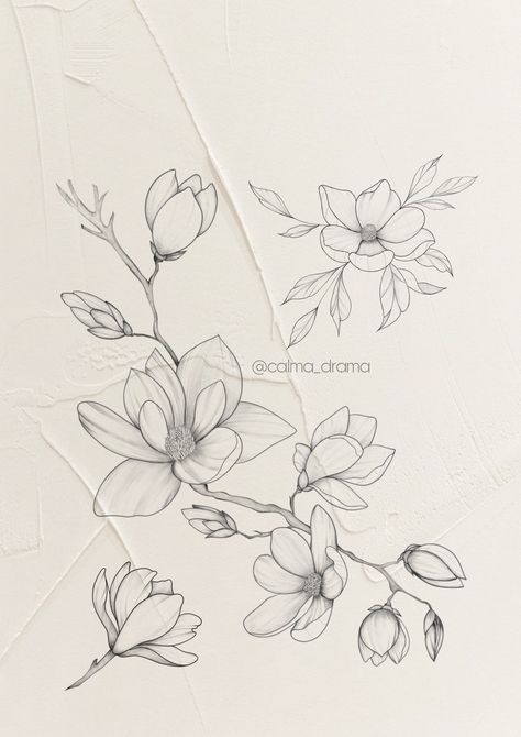 Delicate Magnolia Tattoo, Magnolia Drawing Tattoo, Magnolia Wrap Around Tattoo, Fine Line Magnolia Tattoo, Flower And Leaves Tattoo, Magnolia Branch Tattoo, Magnolia Flower Drawing, Magnolia Tattoo Design, Magnolia Sketch