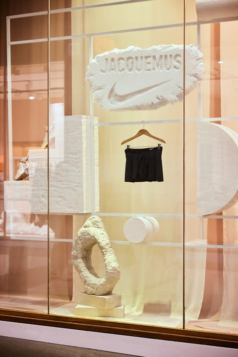 Nike x Jacquemus at Incu | Semi Permanent Jacquemus Pop Up, Jacquemus Branding, Nike X Jacquemus, Window Backdrop, Fashion Window Display, Industrial Display, Window Display Design, Brand Pop, Pos Display