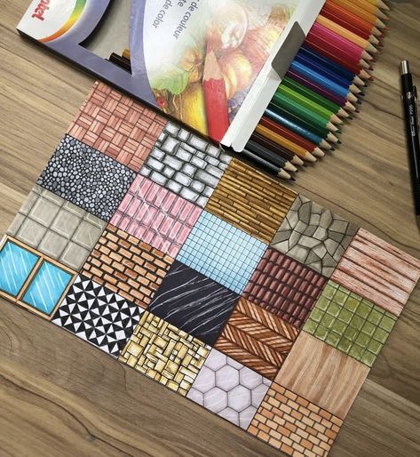 Interior Design Sketchbook Ideas, Architecture Texture Drawing, Texture Sketch Architecture, Flooring Drawing, Tile Drawing, Textures Drawing, Markers Drawing Architecture, Materials Texture, Material Finishes