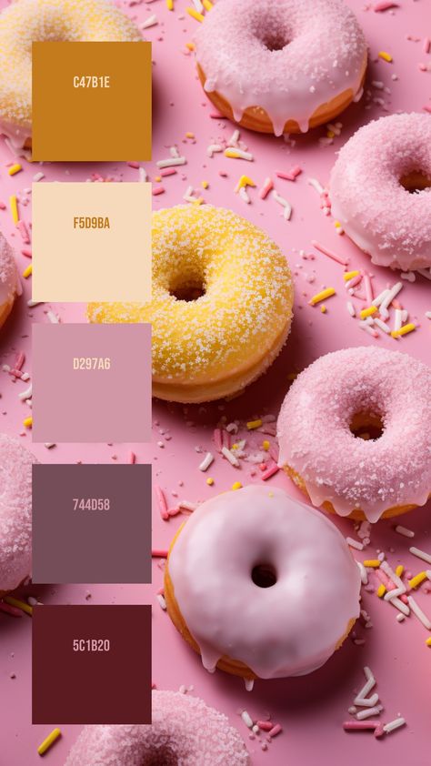 Colors:
C47B1E
F5D9BA
D297A6
744D58
5C1B20 Colour Palette Aesthetic Pastel, Sweet Colour Palette, Donut Color Palette, Color Thesaurus, Monochromatic Pink, Pink Doughnuts, Dessert Treats, Hex Color Palette, Monochromatic Palette