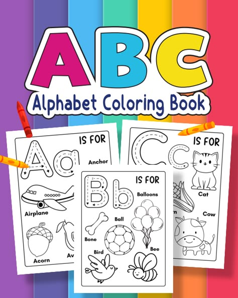 Looking for hours of coloring fun? Toddler Coloring Book offers positive and engaging coloring activities, practices fundamental skills, enhances letter, helps broaden vocabulary, stimulates creativity, promotes relaxation, helps improve fine motor skills and eye-hand coordination, and so much more. Perfect for ages 2+ ~ Toddlers, Preschool, Kindergarten, and Up Large images of upper and lower case alphabet letters A - Z 26 words and fun images to color representing each alphabet letter ~ ha Abc Coloring Book, Preschool Activity Books, English Activities For Kids, Toddler Coloring Book, Abc Coloring, Kids Activity Books, Alphabet Coloring Pages, Printable Coloring Book, Alphabet Book