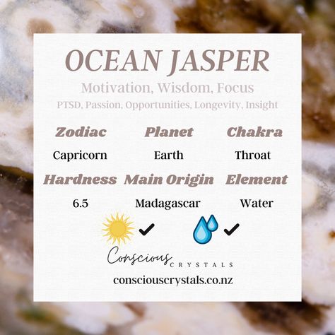 Ocean Jasper metaphysical properties includes motivation, wisdom, focus, helps PTSD, passion, oppotrunities, longevity, insight. Ocean Jasper is sun safe and water safe. Click to find out even more about Ocean Jasper 🌊 Ocean Jasper Meaning, Guide Infographic, Zodiac Planets, Jasper Meaning, Ocean Jasper Crystal, Powerful Crystals, Crystal Healing Stones, Power Crystals, Ocean Jasper