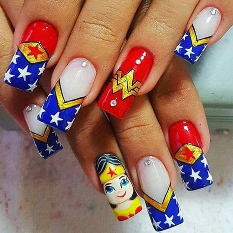 Wonder Woman inspired nail art! Wonder Woman Nails, Superhero Nails, Summer Acrylic, Simple Acrylic Nails, Disney Nails, Instagram Nails, Summer Acrylic Nails, Rainbow Nails, Pedicure Nail Art