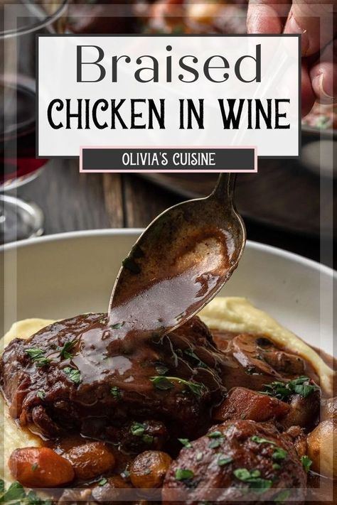 Coq au Vin is a traditional French stew where chicken is slowly braised in red wine and garnished with mushrooms and pearl onions. Nourishing and comforting, it is easy enough to serve to your family on a cold night, but also so rich and decadent that it will definitely impress friends at a dinner party. Red Wine Recipes Cooking, French Stew, Cooking With Red Wine, Red Wine Chicken, Chicken Wine, Easy French Recipes, Red Wine Recipe, Braised Chicken Breast, Braised Chicken Thighs