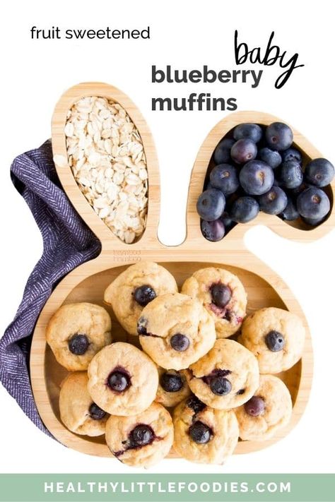 These fruit sweetened mini blueberry muffins are perfect for baby led weaning, toddlers and big kids. Soft and moist with bursts of blueberry. A healthy snack that can be added to lunch boxes or frozen Blueberry Muffins For Baby, Mini Blueberry Muffins, Blueberry Snacks, Baby Muffins, Healthy Blueberry Muffins, Easy Baby Food Recipes, Berry Muffins, Baby Led Weaning Recipes, Weaning Recipes