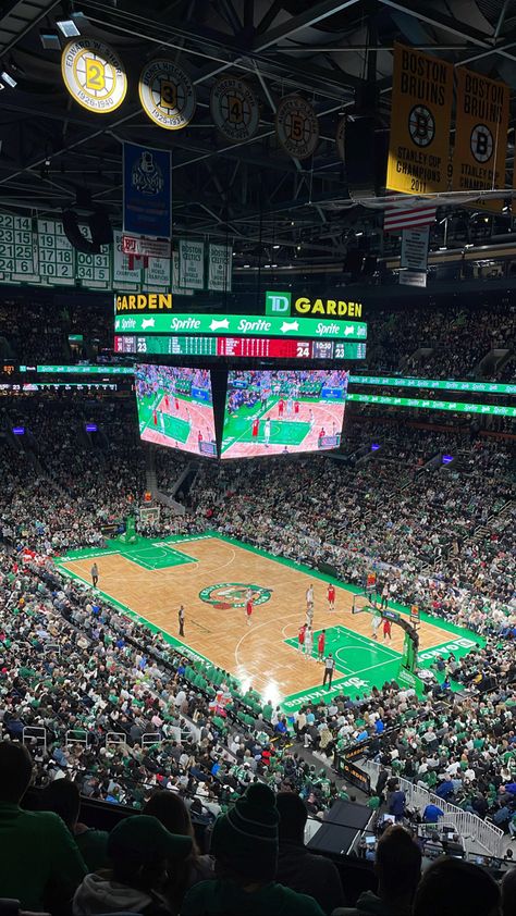 Celtics Aestethic, Boston Celtics Aesthetic, Basketball Collage, Td Garden Boston, Nba Basketball Court, Basket Aesthetic, Nba Arenas, Boston Aesthetic, Boston Basketball