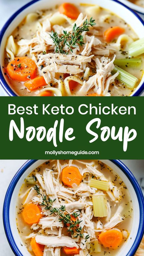 Indulge in a comforting bowl of keto chicken noodle soup that's bursting with flavor and low in carbs. This satisfying soup is the perfect meal to warm you up on a chilly day while sticking to your ketogenic diet. Packed with tender chicken, colorful veggies, and savory broth, this homemade soup recipe is both nutritious and delicious. Whether you're following a keto lifestyle or simply looking for a hearty and wholesome meal, this chicken noodle soup will satisfy your cravings without compromis Chicken Noodle Soup Without Noodles, Whole30 Chicken Noodle Soup, Chicken Noodle Soup For Diabetics, Low Cal Chicken Noodle Soup, Healthy Chicken Noodle Soup Recipes, Fast Chicken Noodle Soup, Keto Chicken Soup Recipes, Keto Chicken Noodle Soup, Low Carb Chicken Noodle Soup