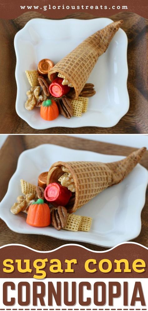 Sugar Cone Cornucopia, christmas dessert, sweet treats, snacks Ice Cream Cone Snacks, Bible School Snacks, Easy Desserts For Kids, Thanksgiving Sweets, Thanksgiving Cornucopia, Sugar Cones, Fall Snacks, Thanksgiving Treats, Kids Treat