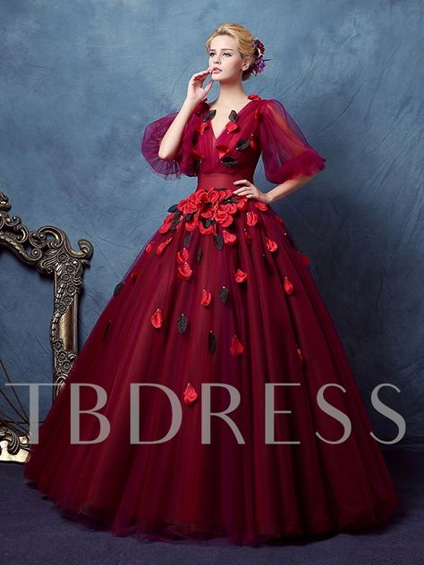 V-Neck Ball Gown Half Sleeves Pleats Floor-Length Quinceanera Dress Lynx Aesthetic, V Neck Ball Gown, Wicked Fashion, Red Ball Gowns, Ball Gown Prom Dress, Vintage Ball Gowns, Festival Costumes, Pipe Dream, Quinceanera Dress