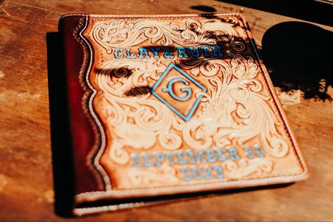 Tooled Leather Wedding, Western Guest Book Ideas, Wedding Guest Book Ideas Western, Western Wedding Guest Sign In, Western Wedding Stationary, Western Wedding Guest Book, Western Guest Book, Western Boho Wedding Guest Book, Leather Wedding Guest Book