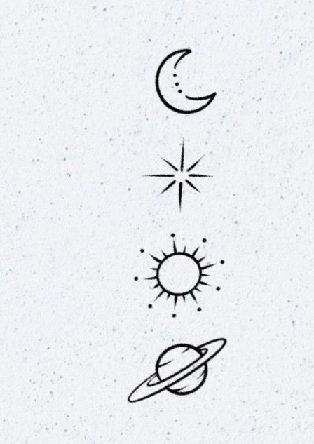 4 Way Tattoo, Planet Matching Tattoos, Planets Minimal Tattoo, Matching Tattoos Planets, Cool Sun Designs, Planet Small Tattoo, Small Planets Tattoo, Unique Moon Tattoo Ideas For Women, Small Planet Tattoo Simple