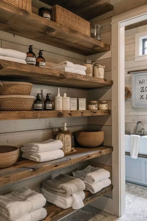 As someone who loves the rustic charm of farmhouse decor, I know how important it is to make every room in the house feel cozy and welcoming. Rustic Bathroom Shelving, Bathroom Open Shelving Storage, Open Shelving Bathroom, 2025 Bathroom Trends, Rustic Powder Room Ideas, Shelf Decor Bathroom, Bathroom 2025, Bathroom Shelf Ideas, Bathroom Farmhouse Decor