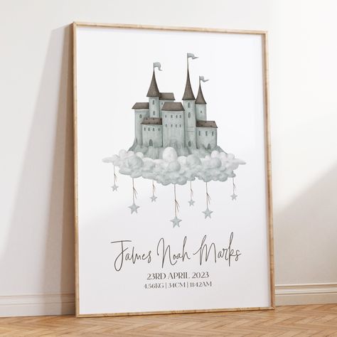 "Perfect for the boho or mystical themed nursery, bedroom or playroom decor is this vintage watercolour castle print, personlaised with your childs details, use as a standalone piece or co-ordinate with other designs in this range. AVAILABLE PRINT SIZES: 8x10\" A4 (21x29.7cm) 11x14\" A3 (29.7x42cm) 30x40cm 12x16\" 40x50cm 16x20\" A2(42x59.4cm) PAPER & INK: - Printed with UltraChrome pigment inks on premium heavyweight 230gsm matt fine art paper PACKAGING: -8x10 & A4 prints are carefully packaged Mystical Nursery, Fairytale Nursery Theme, Castle Nursery, Cloud Mobile Nursery, Dragon Nursery, Baby Nursery Inspiration, Fairytale Nursery, Clouds Nursery, Boys Prints