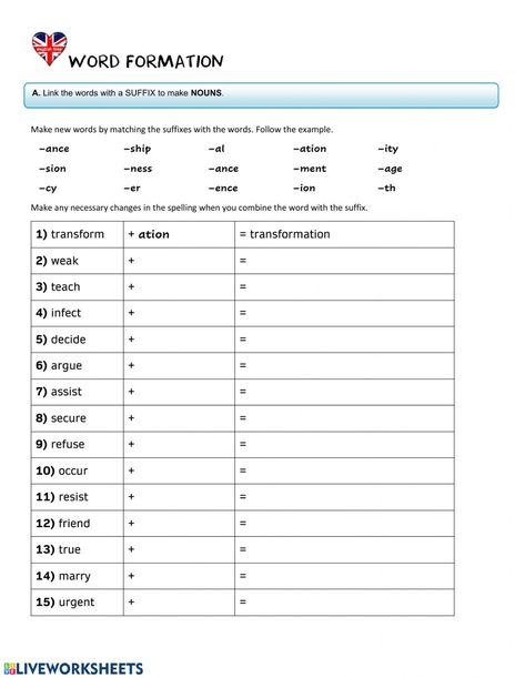 Word Formation interactive and downloadable worksheet. You can do the exercises online or download the worksheet as pdf. Noun Suffixes Worksheet, Suffixes Worksheets 1st Grade, Nouns Worksheet For Class 7, Suffix Ly Worksheet, Word Formation Worksheets, Word Formation Exercises, Nouns Exercises, English Grammar Test, Worksheets For Class 1