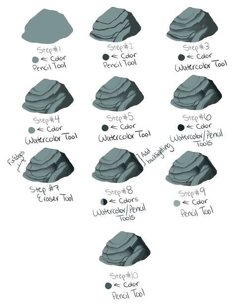 Quick scribbly rock tutorial for SAI by kohu-scribbles.deviantart.com on @DeviantArt Rock Tutorial, Concept Art Landscape, Cloud Tutorial, Drawing Rocks, Art Steampunk, Rock Painting Tutorial, Concept Art Tutorial, Digital Painting Techniques, Coloring Tutorial