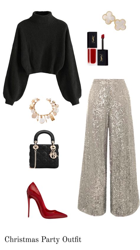 Christmas Party Outfit: champagne pants, black sweater and red pumps Corporate Holiday Party Outfit, Office Christmas Party Outfit, Office Holiday Party Outfit, Christmas Fashion Outfits, Office Party Outfits, Office Christmas Party, Trouser Outfit, Christmas Party Outfit, Red Pumps