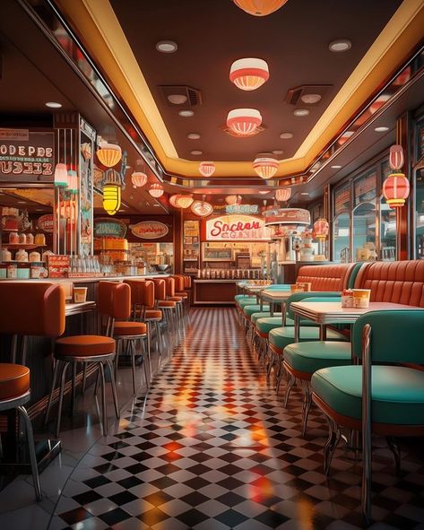 @orangeglasses • Instagram photos and videos Modern American Diner, 1920s Diner, Gas Station Illustration, Retro Restaurant Aesthetic, Bar Americano, Futuristic Restaurant, Diner Restaurant, 50s Diner, Concept Vehicles Sci Fi