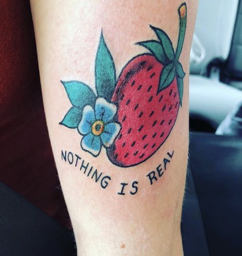 The Beatles have always been my favorite band so I finally got this little o de to them. “Strawberry fields forever.” #beatles #beatlestattoo #strawberryfieldsforever #tattoo #traditionaltattoo #nothingisreal Strawberry Fields Tattoo, Beatles Inspired Tattoos, Beatles Tattoo, Strawberry Tattoo, Forever Tattoo, Lyric Tattoos, Strawberry Fields Forever, Tattoo Traditional, Doodle Tattoo