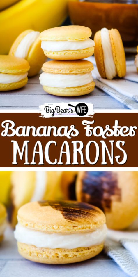 Bananas Foster Macarons - Take a culinary vacation down to good ol’ New Orleans with these homemade Bananas Foster Macarons! These banana macarons are filled with a homemade banana and rum frosting and have a caramel sauce center. Rum Macarons, Banana Macarons, Rum Frosting, Macaron Pistache, French Macaroon Recipes, Macaron Recipes, Kue Macaroon, Macarons Macaroons, Macaron Filling