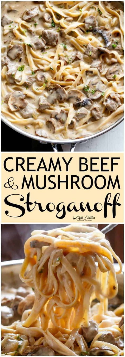 Creamy Beef and Mushroom Stroganoff ready and on the table in less than 20 minutes! Beef And Mushroom Stroganoff, Stroganoff Crockpot, Mac And Cheese Rezept, Beef Mushroom Stroganoff, Beef Stroganoff Crockpot, Resep Pasta, Beef Stroganoff Easy, Slow Cooker Beef Stroganoff, Mushroom Stroganoff