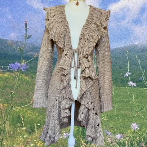 whimsygoth shaggy cardigan ☽༓･*˚⁺‧͙ tie up open... - Depop Shaggy Outfit, Shaggy Cardigan, Warm Knit Sweater, Knit Clothing, Tie Cardigan, 70s Aesthetic, Grunge Fairy, Crochet Inspiration, Style Savvy