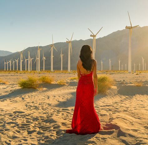 Photoshoot infront of the Palm Springs windmills - Red Dress Windmill Photoshoot, Palm Springs Windmills, Palm Springs California, Needlepoint Designs, Needle Point, Brand Board, The Palm, The Sand, Photoshoot Ideas