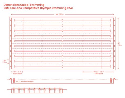 The 50m Ten Lane Olympic Swimming Pool may also be called “Long Course,” spotting movable bulkheads that can divide the pool into sections or be moved from one position to another, creating varying course lengths for competitors and competitions. These swimming pools replaced the 25m eight lane swimming pool in Olympic and World Championship Games, with impressive results as their large size and more lanes assisted swimmers. Downloads online #sports #swimming Lane Swimming, Swimming Pool Dimensions, Olympic Swimming Pool, Pool Dimensions, Olympic Size Swimming Pool, Olympic Pool, Swimming Pool Plan, Architecture Drawing Presentation, Aquatic Center