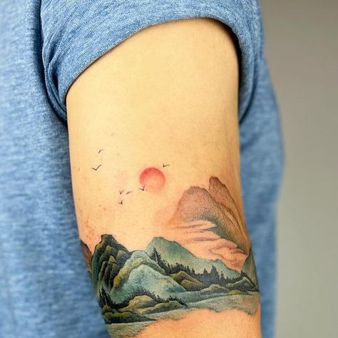 Mountain Color Tattoo, Asian Mountain Tattoo, Colored Mountain Tattoo, Mountain Landscape Tattoo, Mountain Range Tattoo, V Tattoo, Mountain Tattoo Design, Colorado Trip, Asian Skin