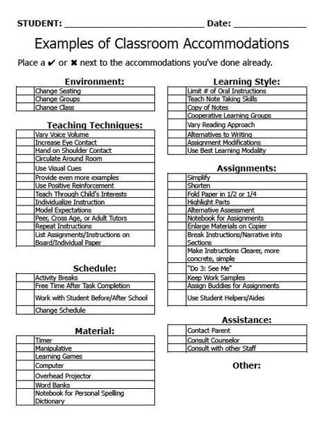 EASY CHECKLIST OF ACCOMMODATIONS Before you go through an IEP meeting to make changes to the accommodations and modifications section of the IEP, try using this checklist. As you check of what does... 504 Accommodations, Classroom Accommodations, 504 Plan, Planning School, Special Education Resources, Differentiated Instruction, Class Management, Classroom Behavior, School Psychology