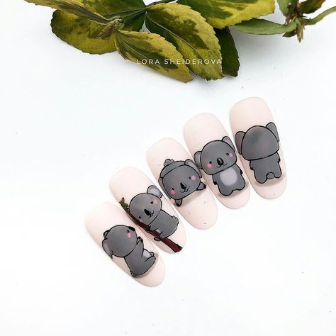 Animal Nail Designs, Animal Nails, Kawaii Nails, Nail Tutorials, Cartoon Animals, Stylish Nails, Nails Inspiration, Koala, Cute Nails