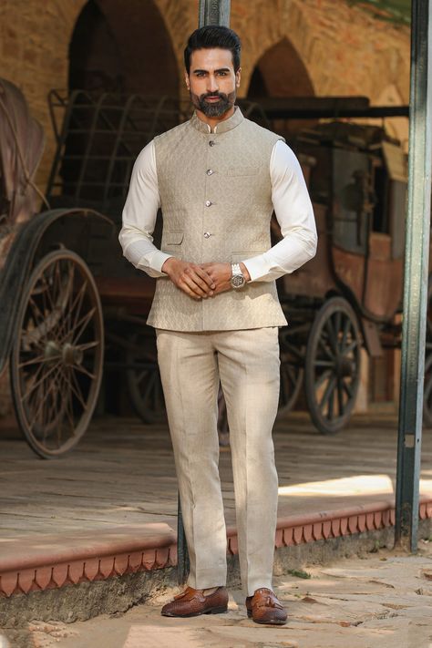 Shop for these amazing collections of Beige 40 Lea Quilted Linen Checkered Bundi For Men by Raw & Rustic by Niti Bothra online at Aza Fashions. Niti Bothra, Mens Linen Outfits, Indian Wedding Suits Men, Man Dress Design, Nehru Jacket For Men, Wedding Outfits For Groom, Stylish Shirts Men, Gents Kurta, Half Jacket