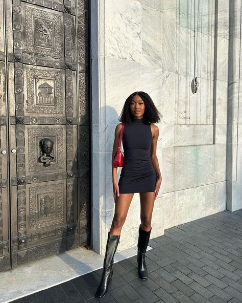 Brittany ✨ | mini dress + knee high boots combo >>> - - - - - - chic fall outfits, fall fashion 2023, fall outfit inspiration, knee high boots, street... | Instagram Short Dress Long Boots, Knee High Boots Mini Dress, Black Mini Dress Knee High Boots, Mini Dress Tall Boots, Heeled Knee High Boots Outfit, Mini Dress And Boots Outfit, Black Mini Skirt Tall Boots Outfit, Knee High Boots Outfit Party, Sneaker Boots Outfit