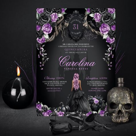 Purple Black Gothic Princess Halloween Quinceanera #gothicprincess #gothichalloween #gothicquinceanera #halloweenquinceanera #spooky #sweetsixteen #fallquinceanera #masqueradeball #diadelosmuertos #purpleandblack Spooky Quinceanera, Gothic Quinceanera, Halloween Quinceanera, Halloween Sweet 16, Purple Quinceanera Theme, Fairytale Invitation, Purple Quince, Quinceanera Nails, Sweet 16 Themes