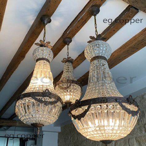 French Vintage Antique Basket Crystal Garland Chandelier Conical Antique Glass Chandelier, French Antique Chandelier, Glass Pendant Chandelier, French Country Light Fixtures, Chandelier Diy Crystal, Chandeliers For Bedroom, Garland Chandelier, Antique Crystal Chandelier, Country Light Fixtures