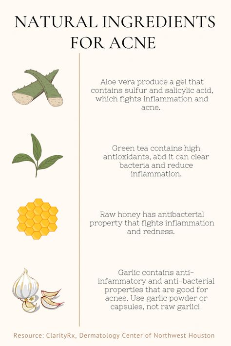 Showing natural ingredients beat for acnes, including aloe Vera, green tea, honey, and garlic. Honey Skin Care, Organic Skin Care Recipes, Honey Skin, Natural Skin Care Ingredients, Good Skin Tips, Healthy Skin Tips, Herbs For Health, Skin Care Recipes, Raw Honey