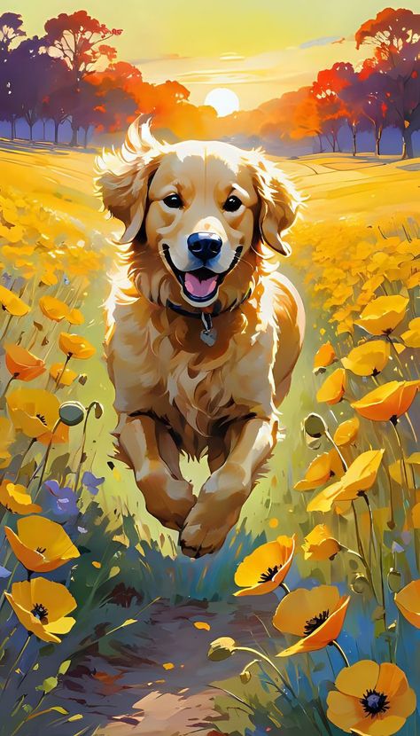 Gouache Animals Illustrations, Golden Retriever Digital Art, Golden Retriever Art Drawing, Golden Retriever Drawing, Golden Retriever Painting, Golden Retriever Art, Beautiful Dog, Dog Wallpaper, Beginner Painting