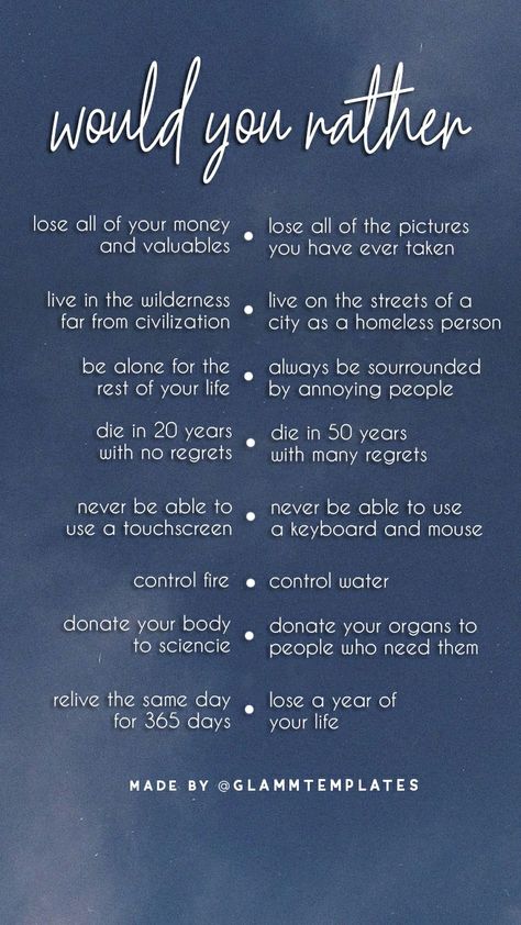 Would U Rather, Would You Rather Game, Rather Questions, Instagram Story Questions, Friend Quiz, Would You Rather Questions, Fun Questions, Conversation Topics, Question Game