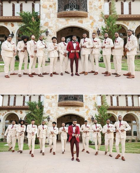 Red And Khaki Wedding Theme, Red White And Tan Wedding Idea, Black And White Hint Of Red Wedding, Red Wedding Party Groomsmen, Maroon And Khaki Wedding, Red Bridal Party Color Schemes, Red Wine And Champagne Wedding, White And Burgundy Groom Suit, Red And White Groomsmen Attire