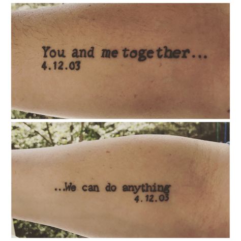 Couples anniversary tattoos - inspired by Dave Matthews Band - You and Me Couples Lyric Tattoos, Dave Matthews Band Tattoos Ideas, Dave Matthews Tattoo Ideas, Dave Mathews Tattoo, Couples Anniversary Tattoos, Dave Matthews Band Tattoos, Dave Matthews Tattoo, Dmb Tattoo, Needle Phobia