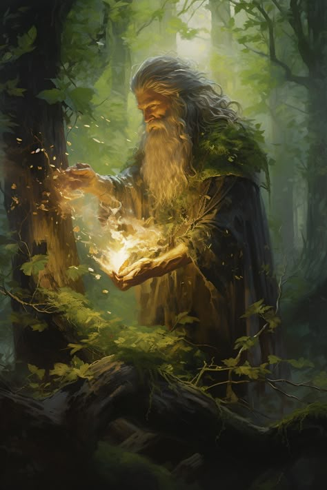 Character In Forest, Mystical Wizard Art, Forest People Fantasy Art, Old Wizard Art, Enchantment Wizard Art, Old Wizard Fantasy Art, Merlin The Wizard, Tolkien Artwork, Faery Art