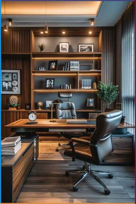 Masculine Office Ideas Business, Office Backdrop Ideas, Executive Interior Design, Professional Office Decorating Ideas, Executive Office Design Interior, Business Office Interior Design, Tech Home Office, Desk Home, Study Designs