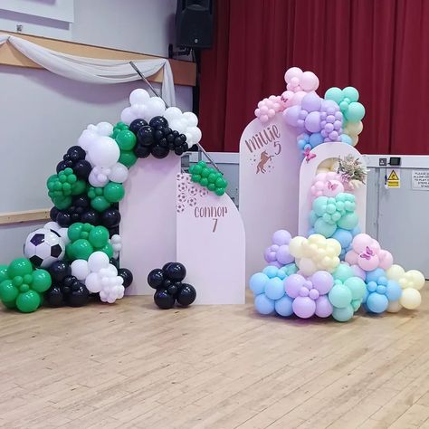 DreamLuxe Events on Instagram: “⚽️Connor turns 7⚽️ 🦄Millie turns 5🦄 It was such a pleasure to be asked to create a half and half photo backdrop for Connor and Millies…” Double Celebration Backdrop, Half Balloon Arch Backdrop, Half Photo, Twin Birthday Themes, Double Birthday Parties, Cake Backdrops, Naming Ceremony Decoration, Floral Archway, Twin Birthday Parties