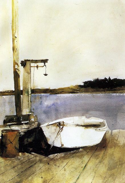 Pleasant Point. Water Color by Andrew Wyeth.  A skiff next to a lobster scale --  a moment of peace and quiet. Andrew Wyeth Watercolor, Andrew Wyeth Paintings, Andrew Wyeth Art, Jamie Wyeth, Nc Wyeth, Andrew Wyeth, Family Art, Minimalist Painting, Art Plastique