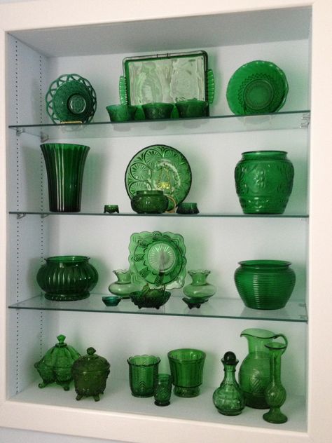 My favorite vintage emerald green glass Green Glass Dishes, Green Glassware Aesthetic, Green Glass Display, Emerald Green Glassware, Green Glass Aesthetic, Vintage Glassware Aesthetic, Green Vintage Glassware, Aesthetic Glassware, Vintage Glass Display