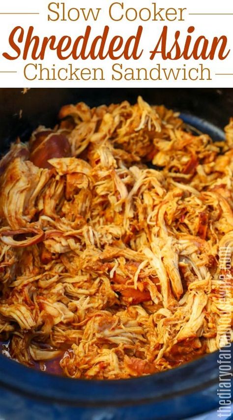 Asian Shredded Chicken Recipes, Korean Shredded Chicken, Asian Chicken Sandwich, Shredded Asian Chicken, Asian Chicken Crockpot Recipes, Asian Shredded Chicken, Asian Pulled Chicken, Pulled Chicken Crock Pot Recipes, Slow Cooker Chicken Breast