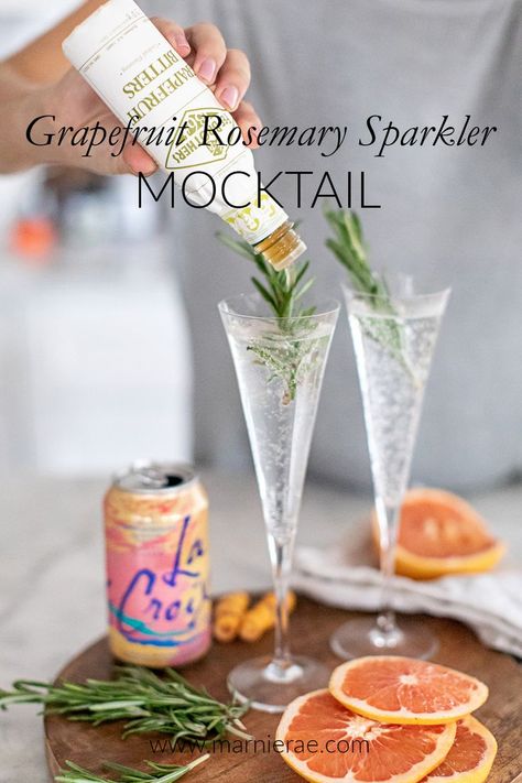 Grapefruit Rosemary Sparkler recipe is an easy, 3-ingredient Mocktail recipe. It's cool and refreshing, perfect for spring or summer bridal showers or baby showers. | Marnie Rae || #drinkrecipes #bridalshowerrecipes #babyshowerrecipes #grapefruit Mocktail Party, Grapefruit Bitters, Grapefruit Peel, Easy Mocktail Recipes, Mocktail Drinks, Wedding Drinks, Alcohol Free Drinks, Mocktail Recipes, Non Alcoholic Cocktails