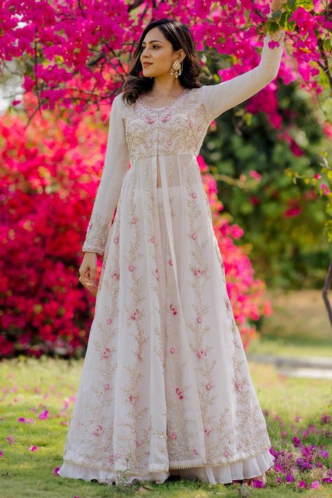 Buy Anupraas by Nishant and Rahul Pink Organza Embroidered Kalidar Kurta And Skirt Set Online | Aza Fashions Cotton Anarkali Dress, Kurta Skirt, Zardozi Work, Organza Top, Organza Skirt, Kurti Designs Party Wear, Long Frocks, Organza Dress, Anarkali Dress