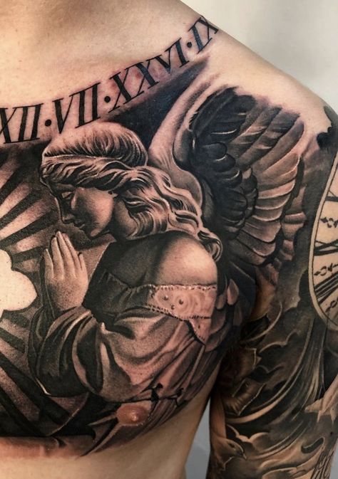 Chest Tattoo Angel, Chest Piece Tattoo, Angle Tattoo, Full Chest Tattoos, Guardian Angel Tattoo, Only Angel, Half Sleeve Tattoos Drawings, Statue Tattoo, Tattoo Inspiration Men